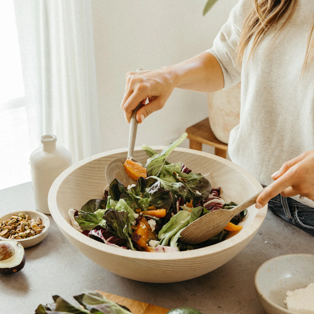 Handcrafted Wood Salad Bowls - Whitewash - Image 4